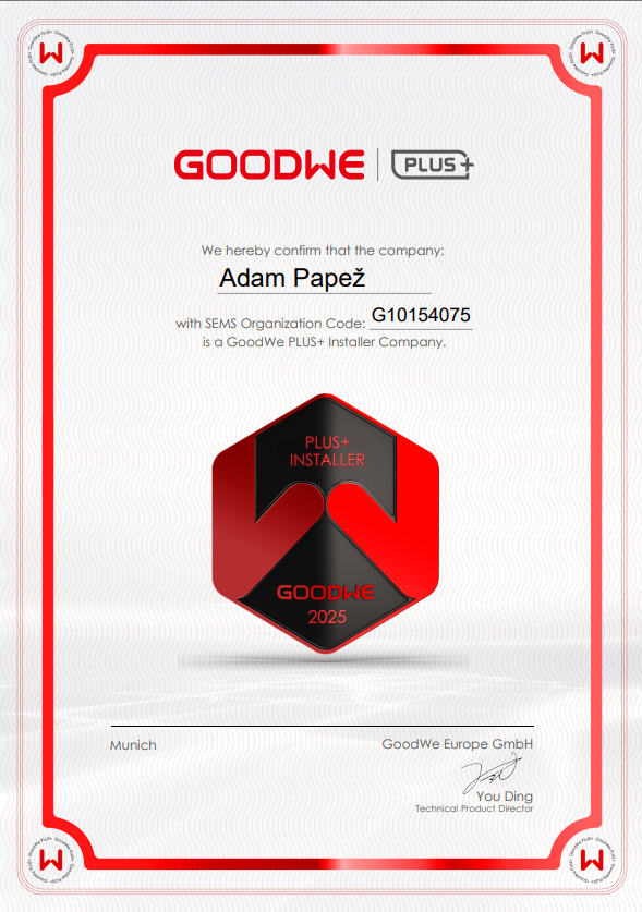 Certifikovaný GoodWe PLUS+ instalatér Odborné školení přímo od výrobce. Profesionální montáž, diagnostika a servis střídačů GoodWe podle oficiálních postupů.